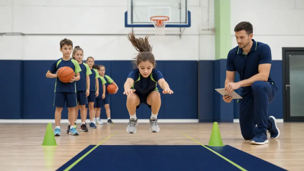 Uzun Vadeli Sporcu Gelişimi Nedir? Durarak uzun atlama testi protokolünün doğru ve güvenli uygulaması yapan çocuklar ve uygulamayı izleyen spor bilimci.