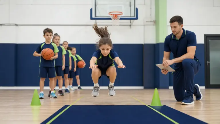 Durarak uzun atlama testi protokolünün doğru ve güvenli uygulaması yapan çocuklar ve uygulamayı izleyen spor bilimci.