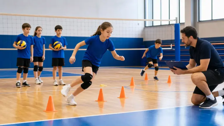 Voleybol salonunda koniler arasında hareket eden çocuklar ve elinde pano tutan bir yetişkin