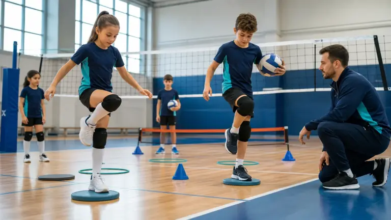 Tek ayak ve dinamik denge görevi yapan çocuklar ve uygulamayı izleyen spor bilimci.