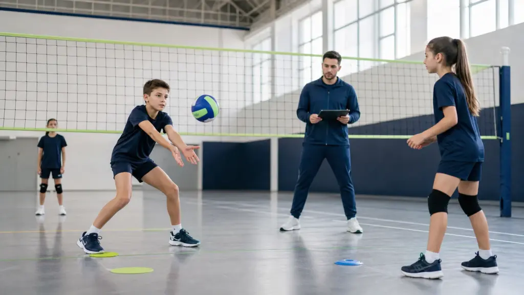 Voleybolda Pozisyonlara Göre Fiziksel Gereksinimler Reaksiyon süresi ölçümü protokolünün doğru ve güvenli uygulaması yapan çocuklar ve uygulamayı izleyen spor bilimci.