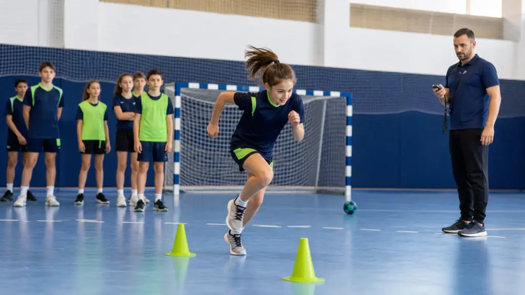 Yetenek Taraması ile Sporcu Seçimi Arasındaki Fark Nedir? 20 metre sürat testi protokolünün doğru ve güvenli uygulaması yapan çocuklar ve uygulamayı izleyen spor bilimci.