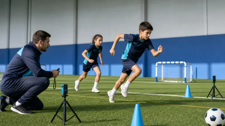 20 metre sürat testi protokolünün doğru ve güvenli uygulaması yapan çocuklar ve uygulamayı izleyen spor bilimci.
