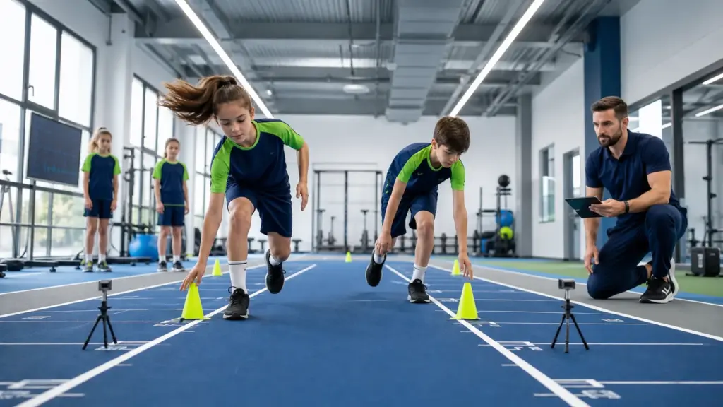 Yetenek Taraması Sonuçları Zaman İçinde Neden Değişebilir? 20 metre mekik koşusu protokolünün doğru ve güvenli uygulaması yapan çocuklar ve uygulamayı izleyen spor bilimci.