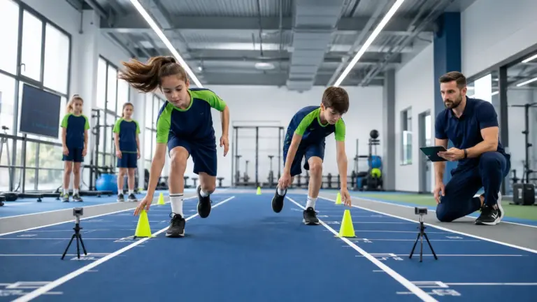 20 metre mekik koşusu protokolünün doğru ve güvenli uygulaması yapan çocuklar ve uygulamayı izleyen spor bilimci.