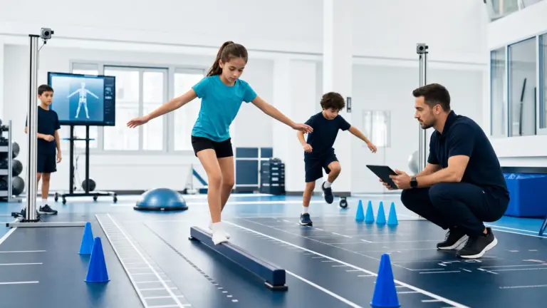 Denge, koordinasyon ve temel hareket ile ilgili kontrollü hareket yapan çocuklar ve uygulamayı izleyen spor bilimci.