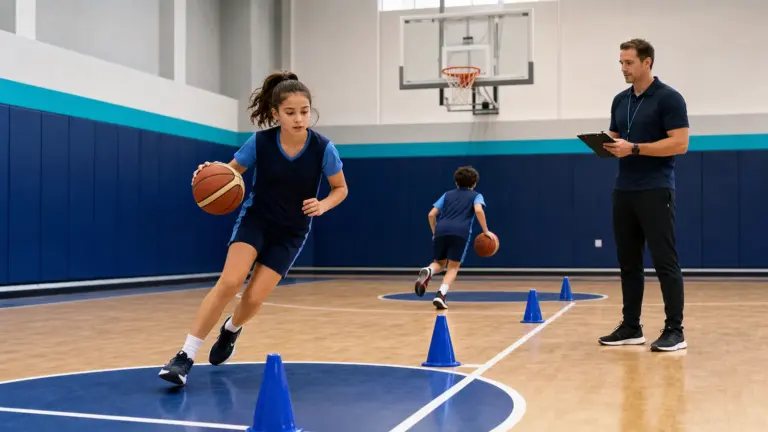 20 metre mekik koşusu protokolünün doğru ve güvenli uygulaması yapan çocuklar ve uygulamayı izleyen spor bilimci.