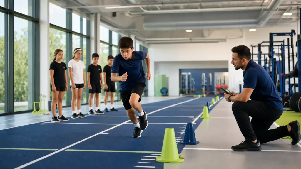 YFIT Test Bataryası Nedir? Çocuklar İçin 4 Temel Ölçüm 20 metre mekik koşusu protokolünün doğru ve güvenli uygulaması yapan çocuklar ve uygulamayı izleyen spor bilimci.