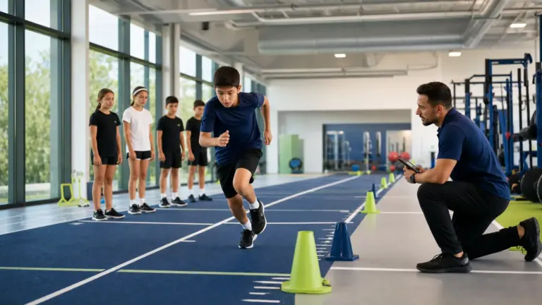 20 metre mekik koşusu protokolünün doğru ve güvenli uygulaması yapan çocuklar ve uygulamayı izleyen spor bilimci.