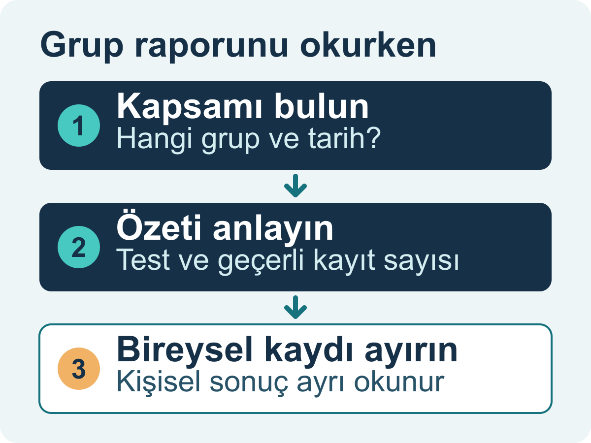 Okul ve kulüp grup raporu: ebeveyn okuma rehberi Grup özeti ile bireysel kayıt ayrı okunur. Bu şema bir norm veya sonuç tablosu değildir.