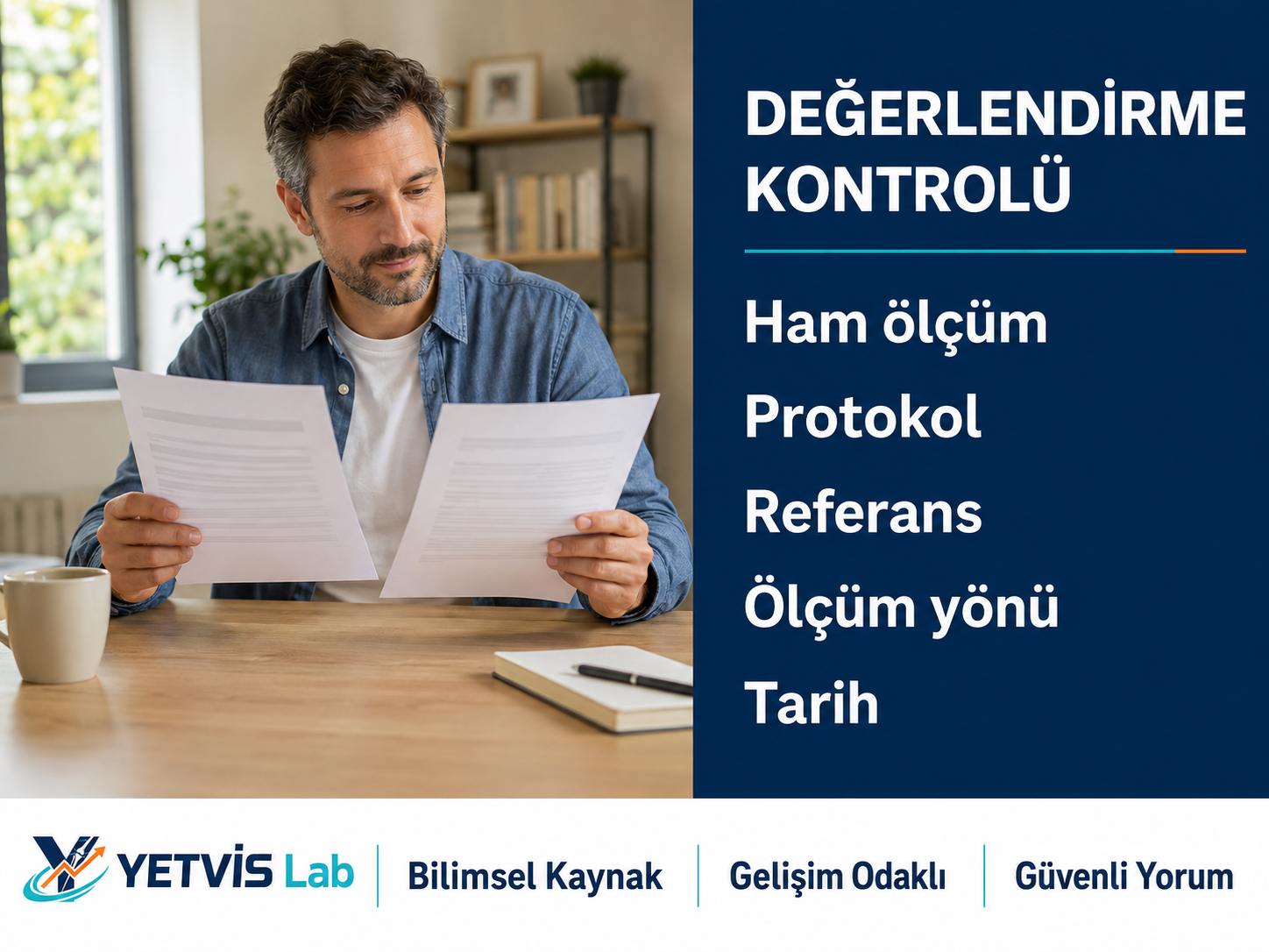 Çocuklarda persentil: raporu doğru okuma rehberi Bir ebeveyn iki raporu inceliyor; yan panel ham ölçüm, protokol, referans, ölçüm yönü ve tarih alanlarını hatırlatıyor.
