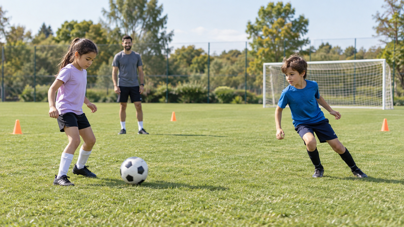 Futbolda denge gelişimi: sekiz–on yaş ebeveyn rehberi Çim futbol sahasında topa yönelen iki çocuk ve geride onları izleyen bir yetişkin