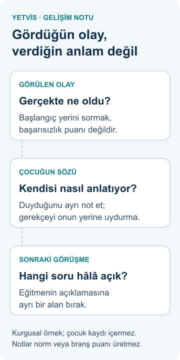 Cimnastikte gelişim notu: gözlemi yorumdan ayırmak Görülen olay, çocuğun anlatımı ve henüz yanıtlanmamış görüşme sorusunu ayrı tutan YETVİS gelişim notu şeması