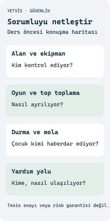 Oyun alanı, top toplama, durma ve yardım yollarını yetişkin sorumluluğu olarak ele alan YETVİS kontrol şeması
