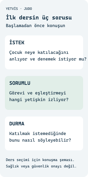 Judoya Başlangıç: 8–10 Yaş İçin Kulüp Seçimi İstek, ortam ve yetişkin yanıtını kişisel uygunluk onayı vermeden ayıran YETVİS aile soru şeması