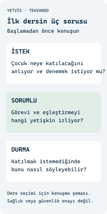 Tekvando kulübü seçimi: Çocuğunuz için hangi sorular? Kulüp görüşmesinde açıklama, sorumluluk ve çocuğun deneyimini ayıran YETVİS aile soru şeması