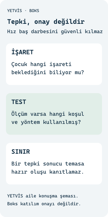 Boks reaksiyon görevleri: Hız, darbe alma izni değildir İşaret, görev açıklaması ve darbe almaya hazır oluşu ayıran YETVİS aile şeması