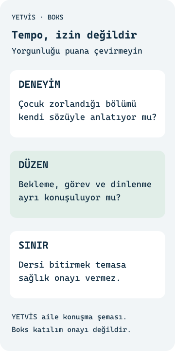 Boksta tempo: Çocuğun mola ve dinlenme hakkı Ders temposu, dinlenme isteği ve katılım kararını ayıran YETVİS aile şeması