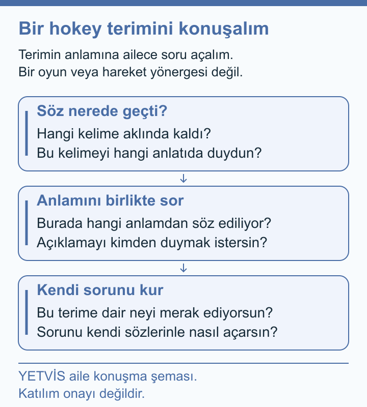Hokey Öğrenme Dilini Çocukla Birlikte Açmak YETVİS aile soru şeması: Bir hokey terimini konuşalım