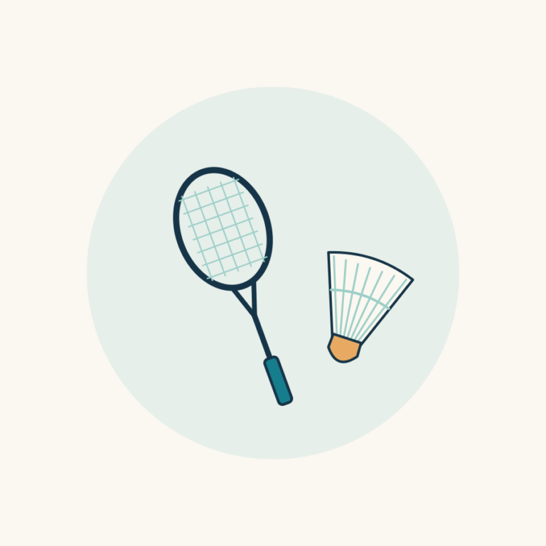 Badminton raketi ve topunun editoryal çizimi.